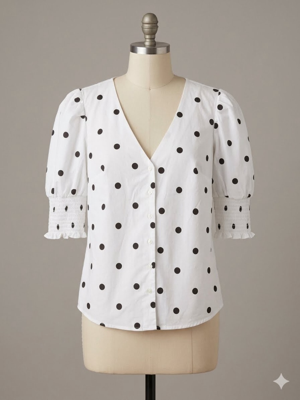 Laundry by Shelli Segal Polka Dot Puff Sleeve Blouse White Black V-Neck S